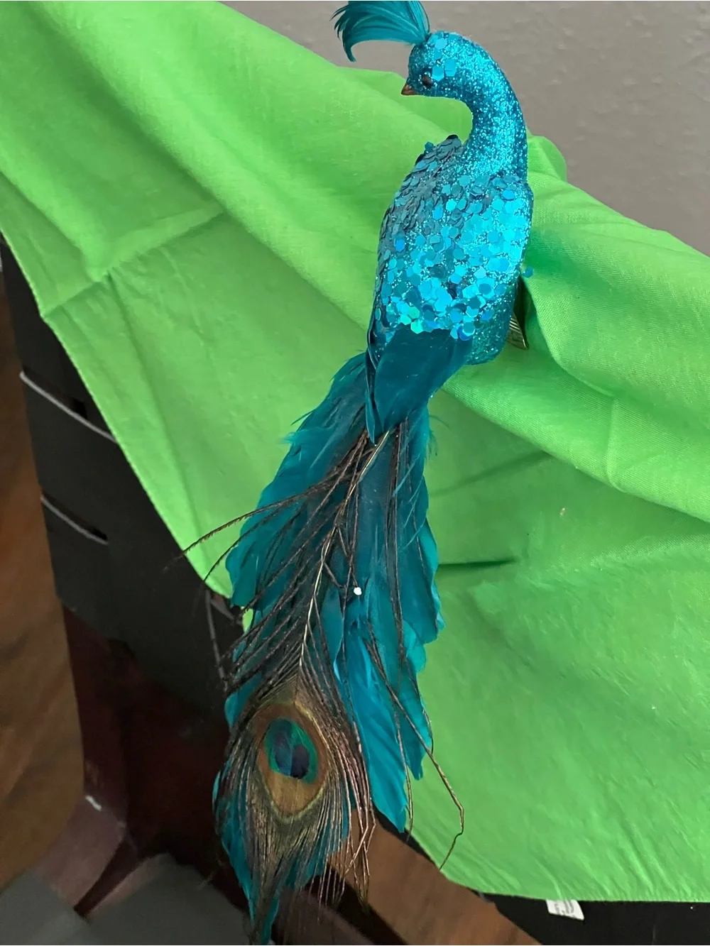 Pier 1 Peacock Clip-On Christmas Tree Ornament Blue Glitter Feather